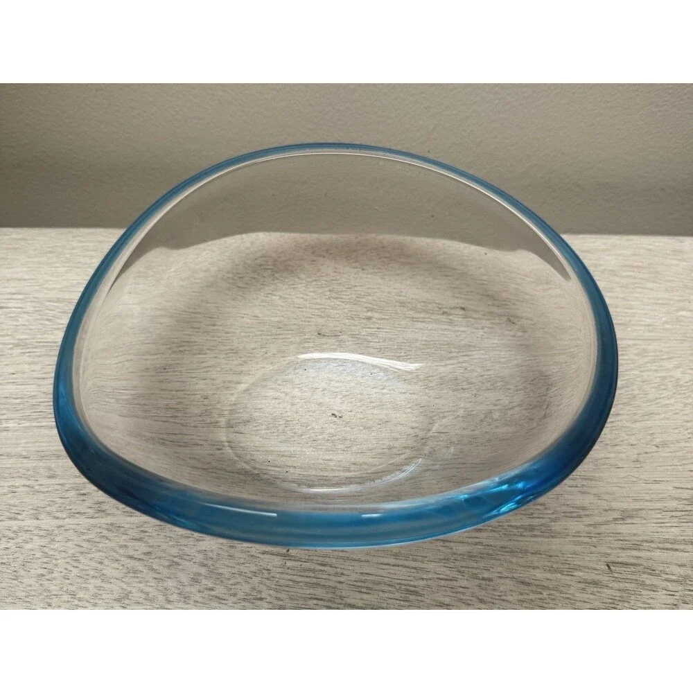 Holmegaard Selandia Style Art Glass Bowl Blue Rim Tri-Corner 7